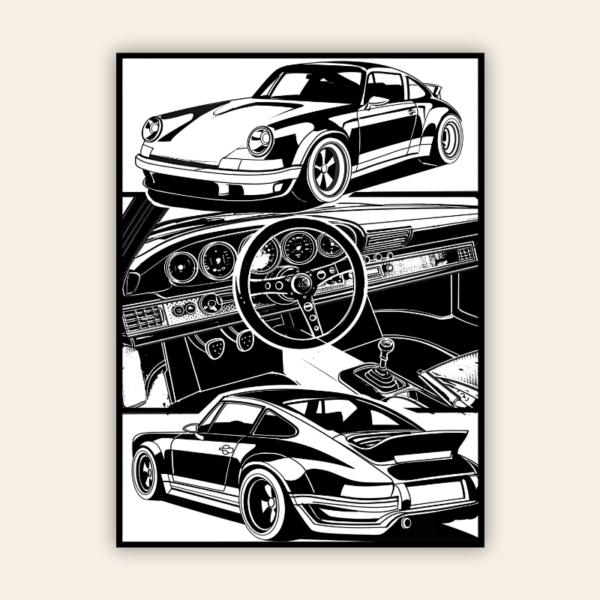 Porsche 911 Minimalistic Black & White Metal Poster